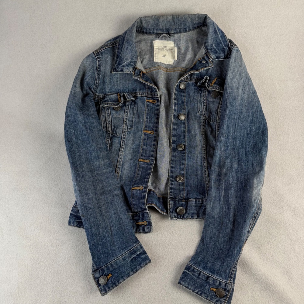 HM LOGG Womens Denim Jacket Medium Wash Blue Button Front Trucker Size 10